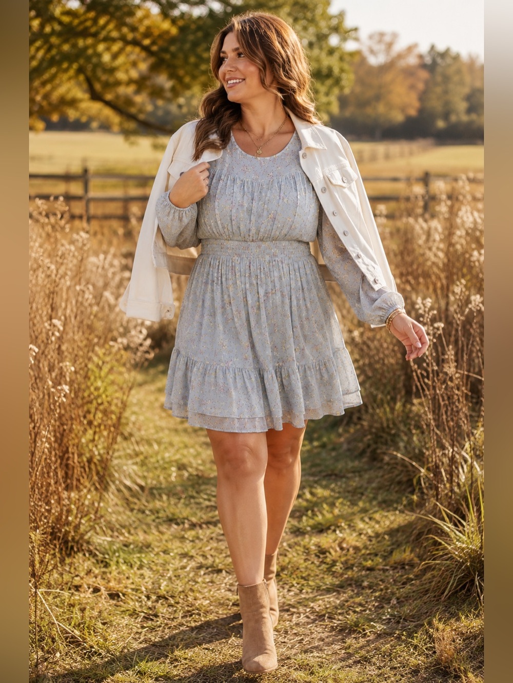 Arula by Altar’d State Dusty Blue Floral Smocked Mini Dress Size A Plus